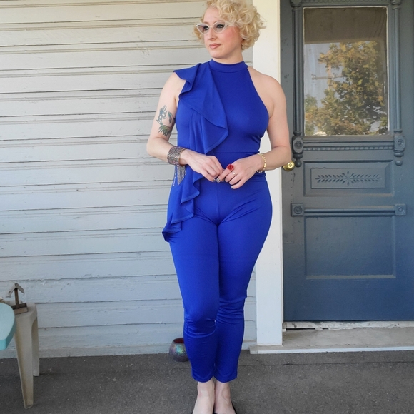EUC Royal Blue Asymmetrical Ruffled Bodysuit Bodycon Sz L - Picture 6 of 6